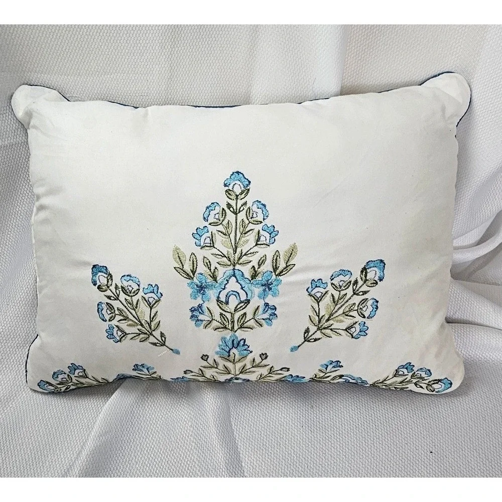 White Embroidered Floral Throw Pillow Blue Green Botanical Piped Edge 14x9.5